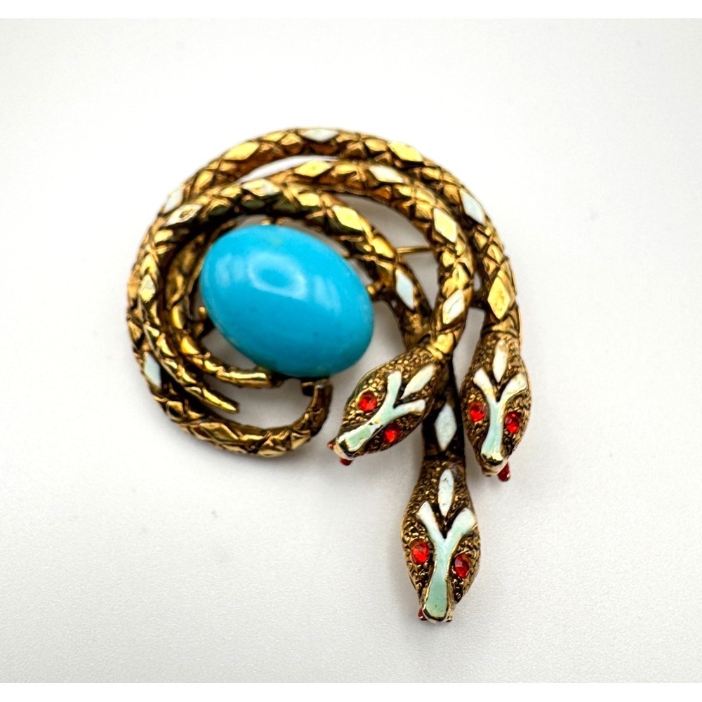 Vintage Arthur Pepper Snake Brooch Triple Head Three Head ART Enamel Blue Egg